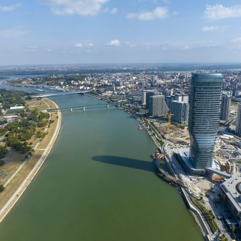 Panoramic view of Belgrade Waterfront, Sava River, Belgrade Tower